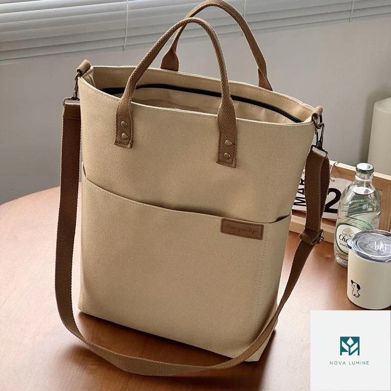 Original design European zipper commuter thickened canvas tote bag casual art student shoulder crossbody bag